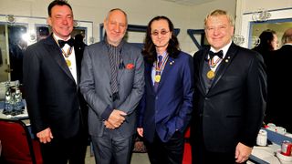 Neil Peart, Geddy Lee and Alex Lifeson of Rush pose with Pete Townshend (2nd from Left) at the Governor General's Performing Arts Awards 20th Anniversary Gala at National Arts Centre on May 5, 2012 in Ottawa, Canada.