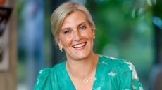 Sophie, Duchess of Edinburgh, wearing a turquoise-green dress, smiles during a visit to the Central School of Ballet on June 24, 2025