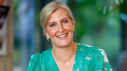 Sophie, Duchess of Edinburgh, wearing a turquoise-green dress, smiles during a visit to the Central School of Ballet on June 24, 2025