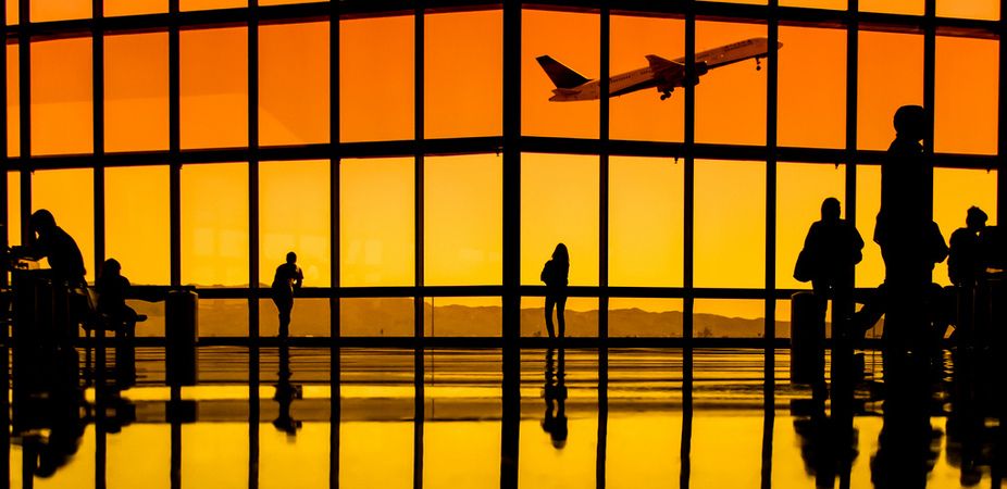 Airport terminal, airplane take off