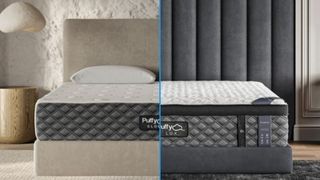 A split screen of Puffy Cloud Mattress vs Puffy Lux Mattress