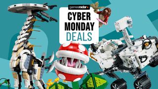 Lego Horizon Tallneck, Piranha Plant, Perseverance rover, and Hagrid on a blue background surrounding a 'Cyber Monday deals' badge