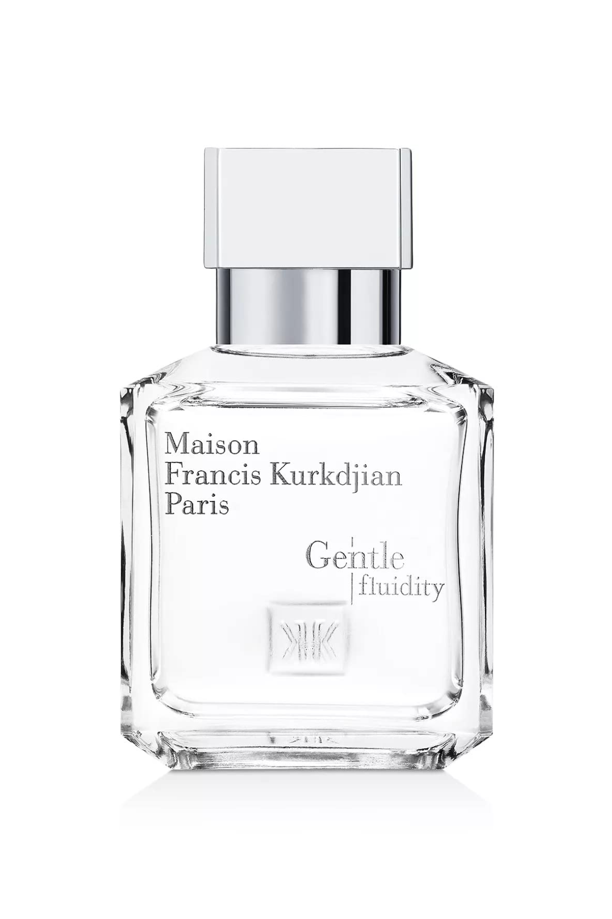 A bottle of MFK Gentle Fluidity Silver perfume against a white background.