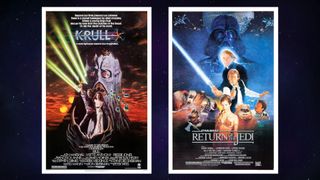 A side-by-side movie poster comparison of sci-fi fantasy movie Krull (1983) and Star Wars: Return of the Jedi (1983). Krull poster = From left to right: The Prince wearing a black tunic is holding a glaive (a 5-pointed star-shaped weapon with curved blades at each point) high in the air with a beam of golden light erupting from each point. The pretty princess with long, red curly hair and wearing a white dress is standing behind him. Behind them there is a large gray alien face with red eyes and sharp fangs. In the background there is a cloudy red sky with 2 large suns and a number of evil minions. Star Wars: Return of the Jedi = Hero in the center of the poster holding a lightsaber. Just behind him, looming over him is the villain Darth Vader. Below there are his companions (a man wearing a black vest and aiming a pistol, a lady wearing a bikini, fluffy teddy bear Ewok,, pilot, and a few evil minions).