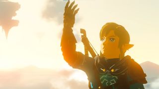Link looking up at his dark, corrupted arm