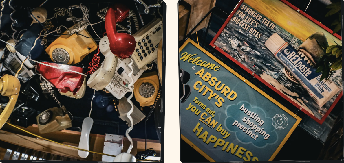 an image of two of the rooms showing their ecclectic decoration, the left picture has a mish mash of different wired phones and the right shows vintage style posters