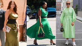 Composite image of 3 green plus size dresses in street style fashion