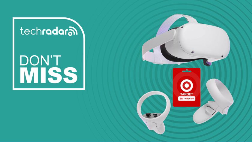 A Meta Quest 2 headset and Target gift card on a turquoise background with white don&#039;t miss text