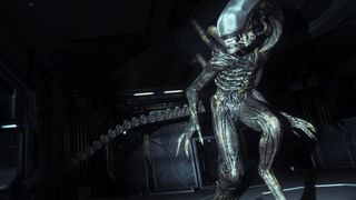 The Xenomorph in a dark corridor in Alien: Isolation.