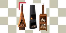A sage green and white checkerboard background with three cut-out images of chimineas.