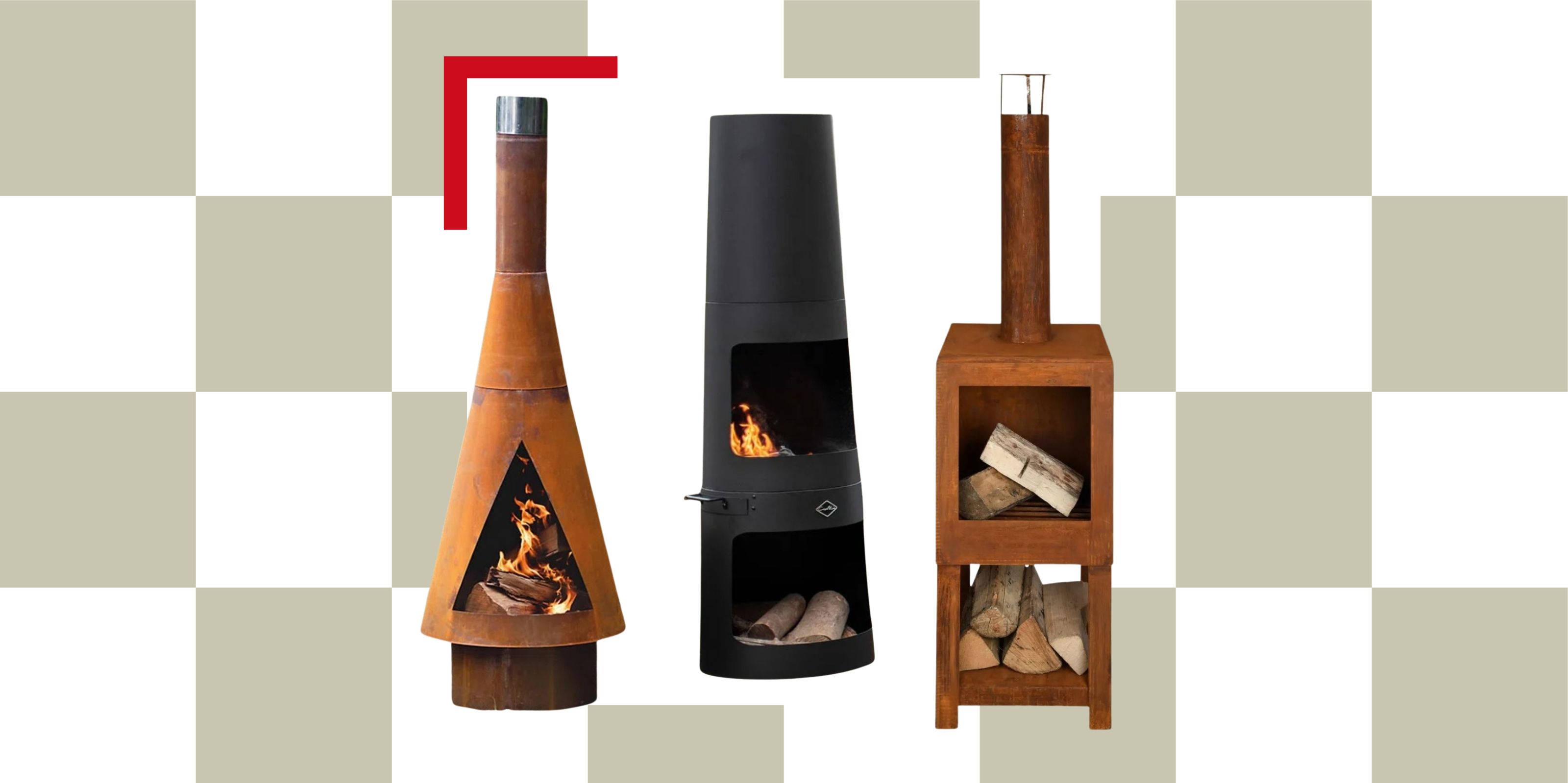 A sage green and white checkerboard background with three cut-out images of chimineas.