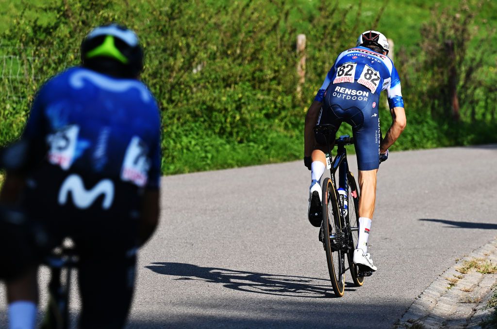 DIEKIRCH LUXEMBOURG SEPTEMBER 20 Detailed view of Mauri Vansevenant of Belgium and Team Soudal QuickStep attacks in the breakaway during the 84th Tour de Luxembourg 2024 Stage 3 a 2013km stage from Rosport to Diekirch UCIWT on September 20 2024 in Diekirch Luxembourg Photo by Tim de WaeleGetty Images