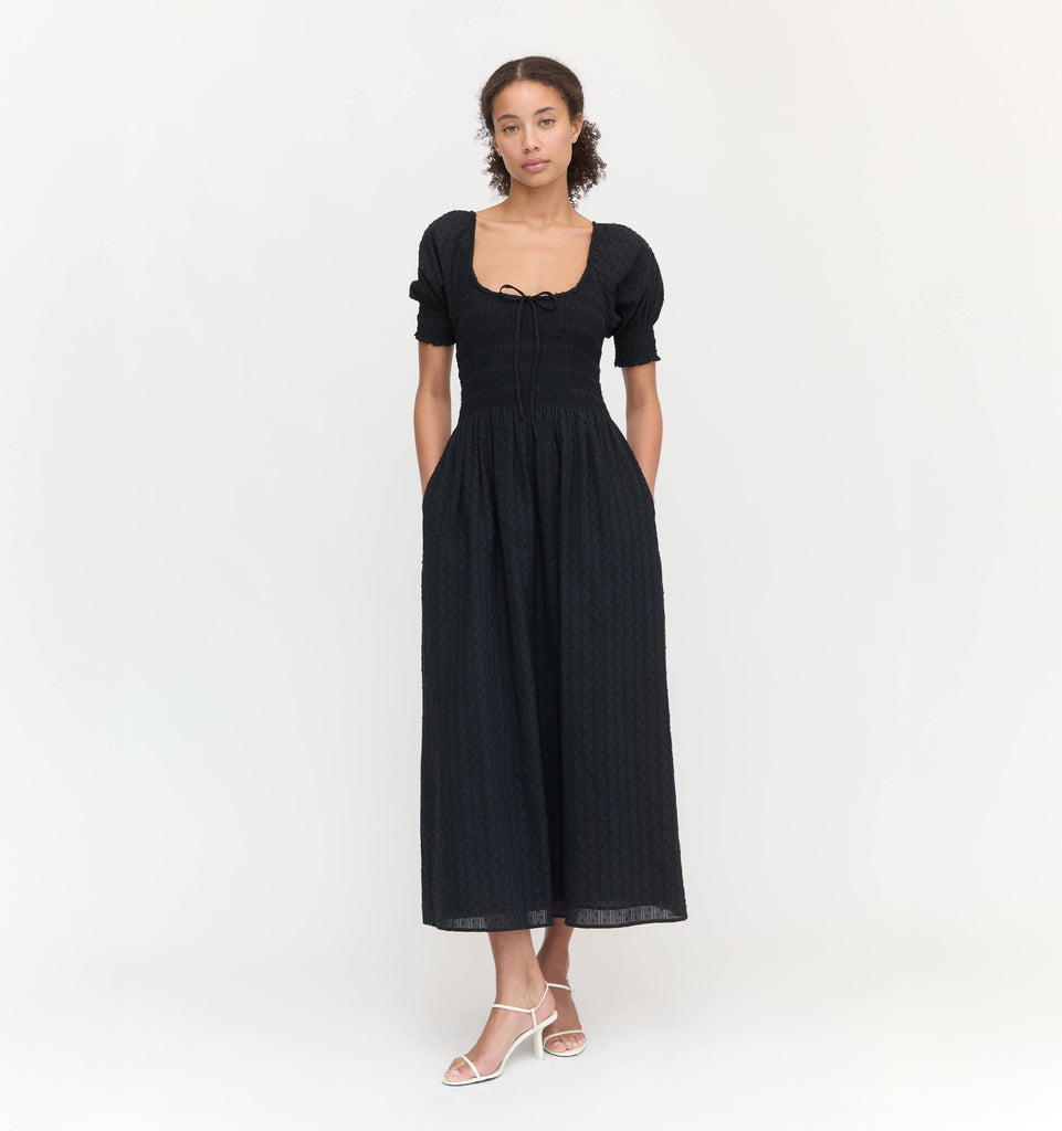The Madeline Nap Dress - Black Linear Swiss Dot