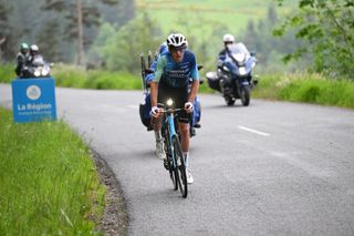 COL DE LA LOGE FRANCE JUNE 03 Bruno Armirail of France and Decathlon AG2R La Mondiale Team attacks in the breakaway during the 76th Criterium du Dauphine 2024 Stage 2 a 142km stage from Gannat to Col de la Loge 1251m UCIWT on June 03 2024 in Col de la Loge France Photo by Dario BelingheriGetty Images