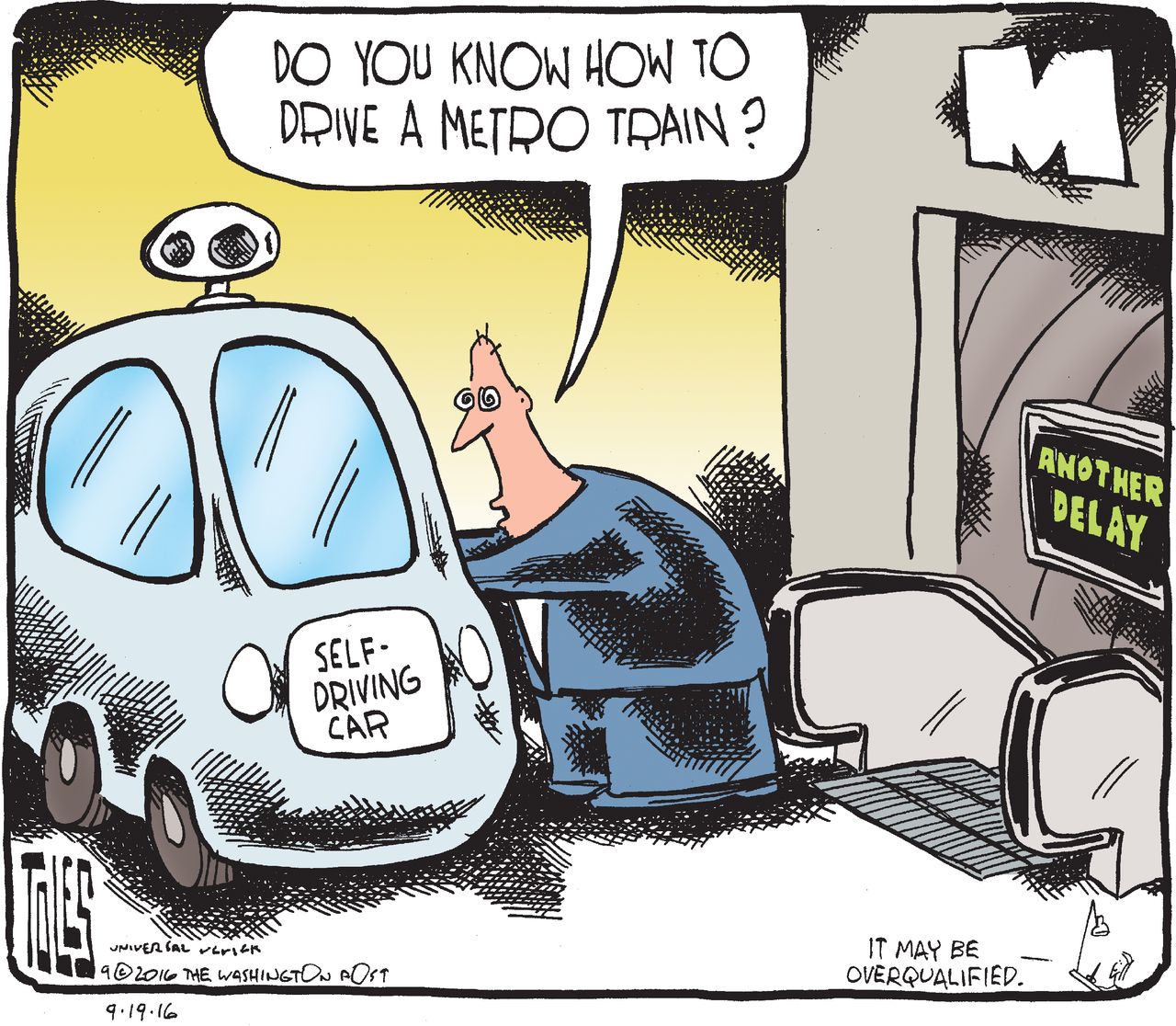 Editorial cartoon U.S. self-driving cars metro system