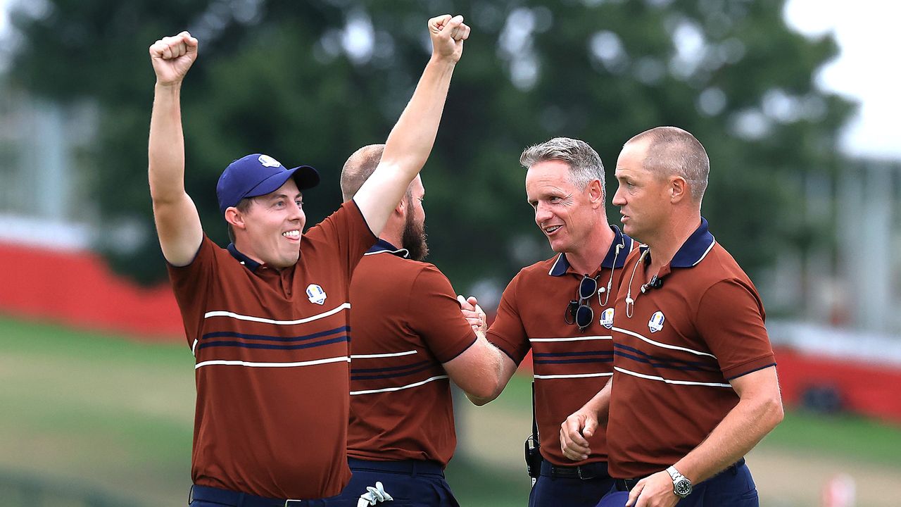 Matt Fitzpatrick &amp; Tyrrell Hatton of Europe celebrate with captain Luke Donald &amp; Vice Captain Alex Noren after their fourball victory on the second day of the 2025 Ryder Cup