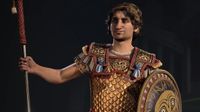 Alexander the Great looking insufferably smug as he poses with a shield and spear.