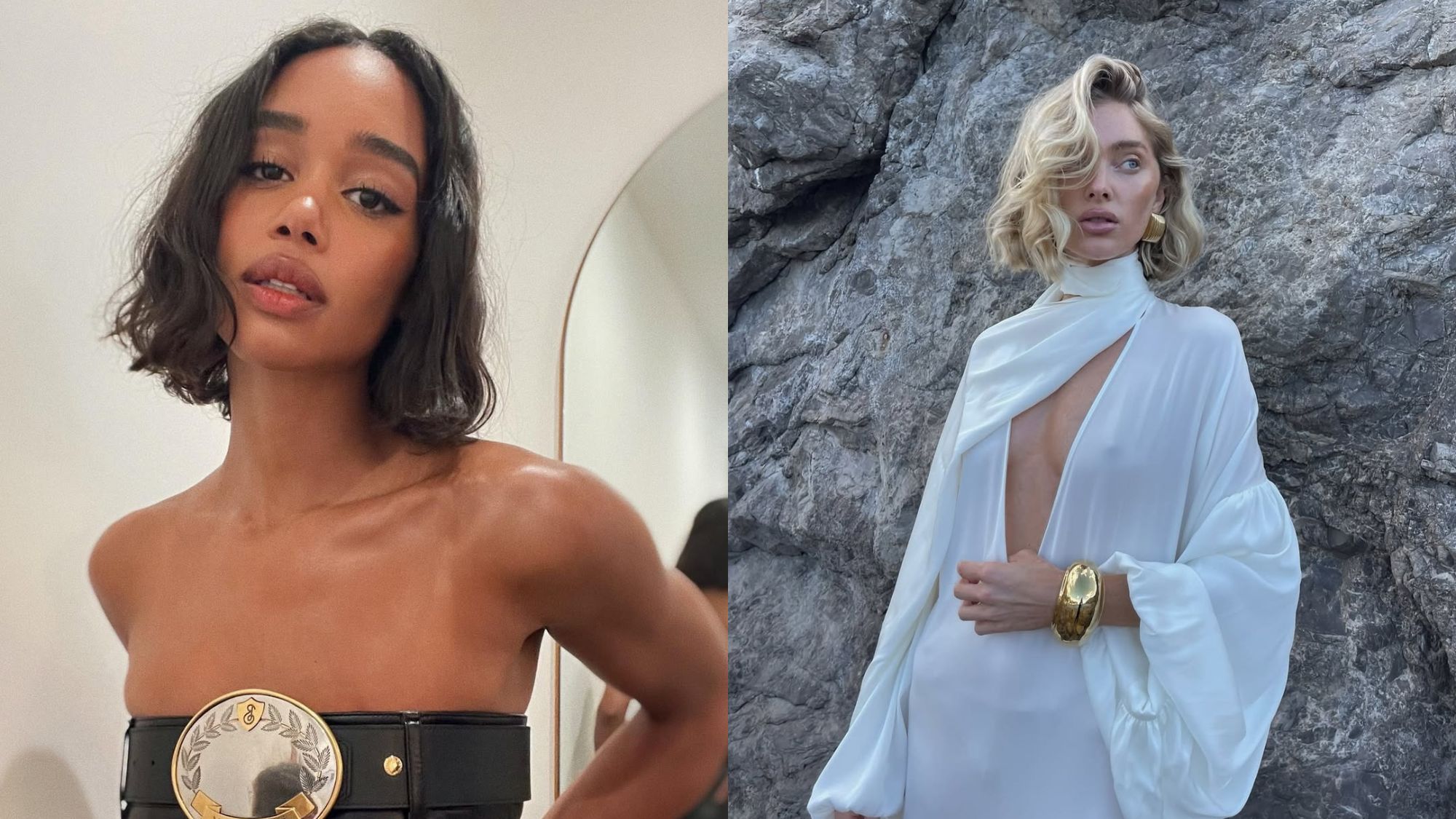 Images of Laura Harrier and Elsa Hosk with Riviera bob hairstyles.