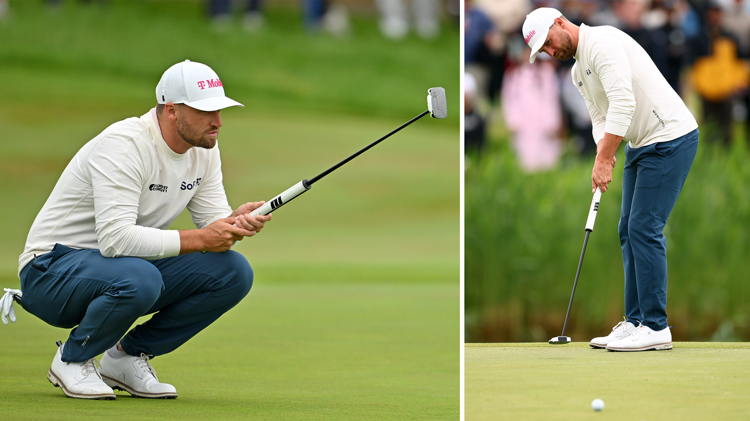 Wyndham Clark lines up a putt and another view of him hitting a putt