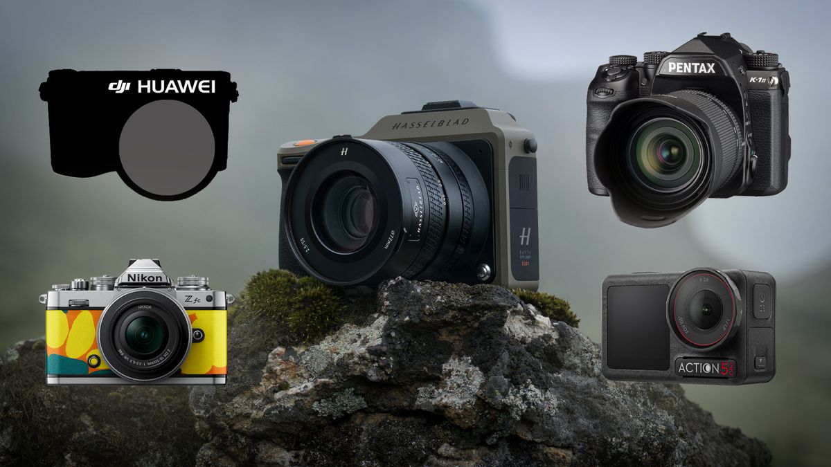 Weekly Wash – composite image showing a mystery DJI / Huawei camera, a Hasselblad X2D 100C Explorer Edition camera sitting on a mossy rock in front of a mountain, a Nikon Z fc Heralbony edition, a DJI Osmo Action 5 Pro and a Pentax K-1 Mark II.