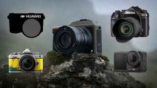 Weekly Wash – composite image showing a mystery DJI / Huawei camera, a Hasselblad X2D 100C Explorer Edition camera sitting on a mossy rock in front of a mountain, a Nikon Z fc Heralbony edition, a DJI Osmo Action 5 Pro and a Pentax K-1 Mark II.