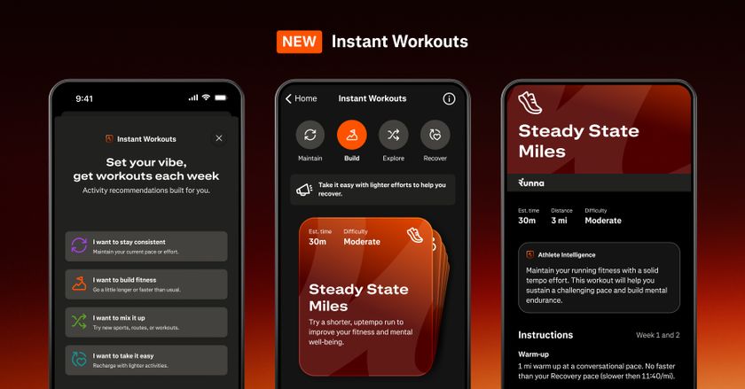Screenshots of the new Strava Instant Workouts feature