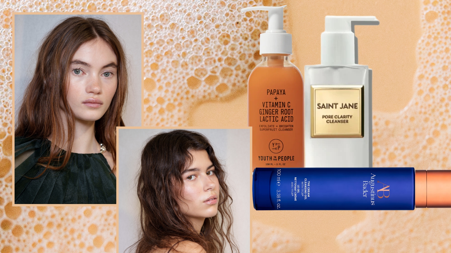 orange foam background with two girls with clear skin next to three facial cleanser bottles