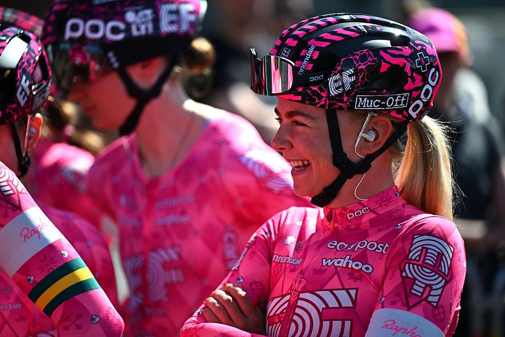 DENAIN, FRANCE - APRIL 12: Babette Van Der Wolf of Netherlands and Team EF Education-Oatly prior to the 5th Paris-Roubaix Femmes 2025 a 148.5km one day race from Denain to Roubaix / #UCIWT / on April 12, 2025 in Roubaix, France. (Photo by Luc Claessen/Getty Images)