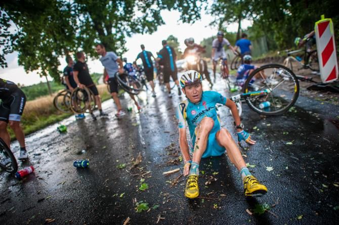 Astana's Janez Brajkovic crashed out of the race in the storm