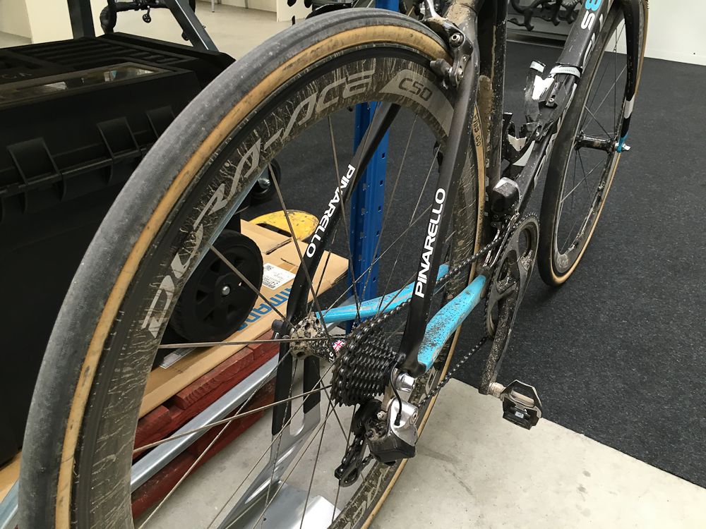 Mud is still splattered on the Dura Ace C50 rim.