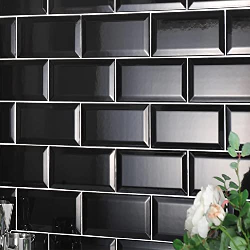 Metro Black Ceramic Wall Bathroom Tile Subway Brick Effect 100mm X 200mm Bevelled Edge Kitchen Tiles Gloss Finish 1m2 Box of 50