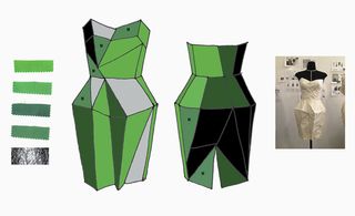 Two renders of a dress style in various green shades. An image on the right of the dress on a mannequin.