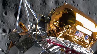 closeup of a gold and silver spacecraft orbiting the moon, with gray dirt and craters visible in the background.