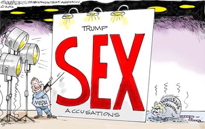 Political cartoon U.S. 2016 election Donald Trump Hillary Clinton scandals media