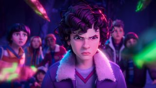 Eleven faces down a monster with the rest of the Hawkins crew behind her in a still from Netflix's "Stranger Things: Tales From '85"