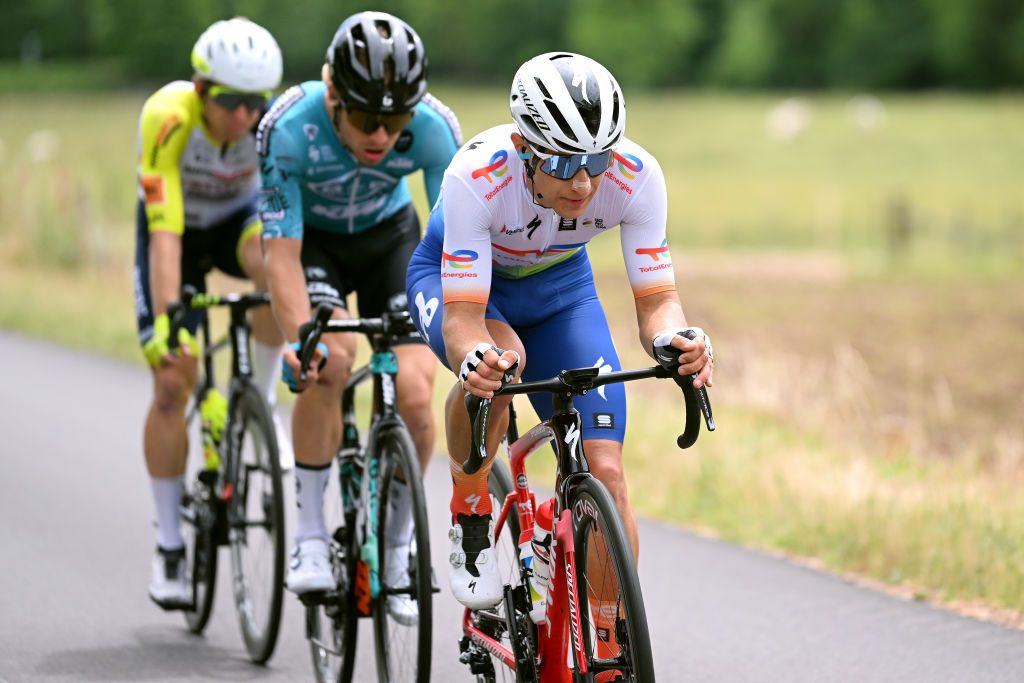 CHAINTRE FRANCE JUNE 09 Fabien Doubey of France and Team Total Energies Sebastian Schnberger of Austria and Team BB Hotels PB KTM and Jan Bakelants of Belgium and Team Intermarch Wanty Gobert Matriaux competes during the 74th Criterium du Dauphine 2022 Stage 5 a 1623km stage from ThizylesBourgs to Chaintr WorldTour Dauphin on June 09 2022 in Chaintre France Photo by Dario BelingheriGetty Images
