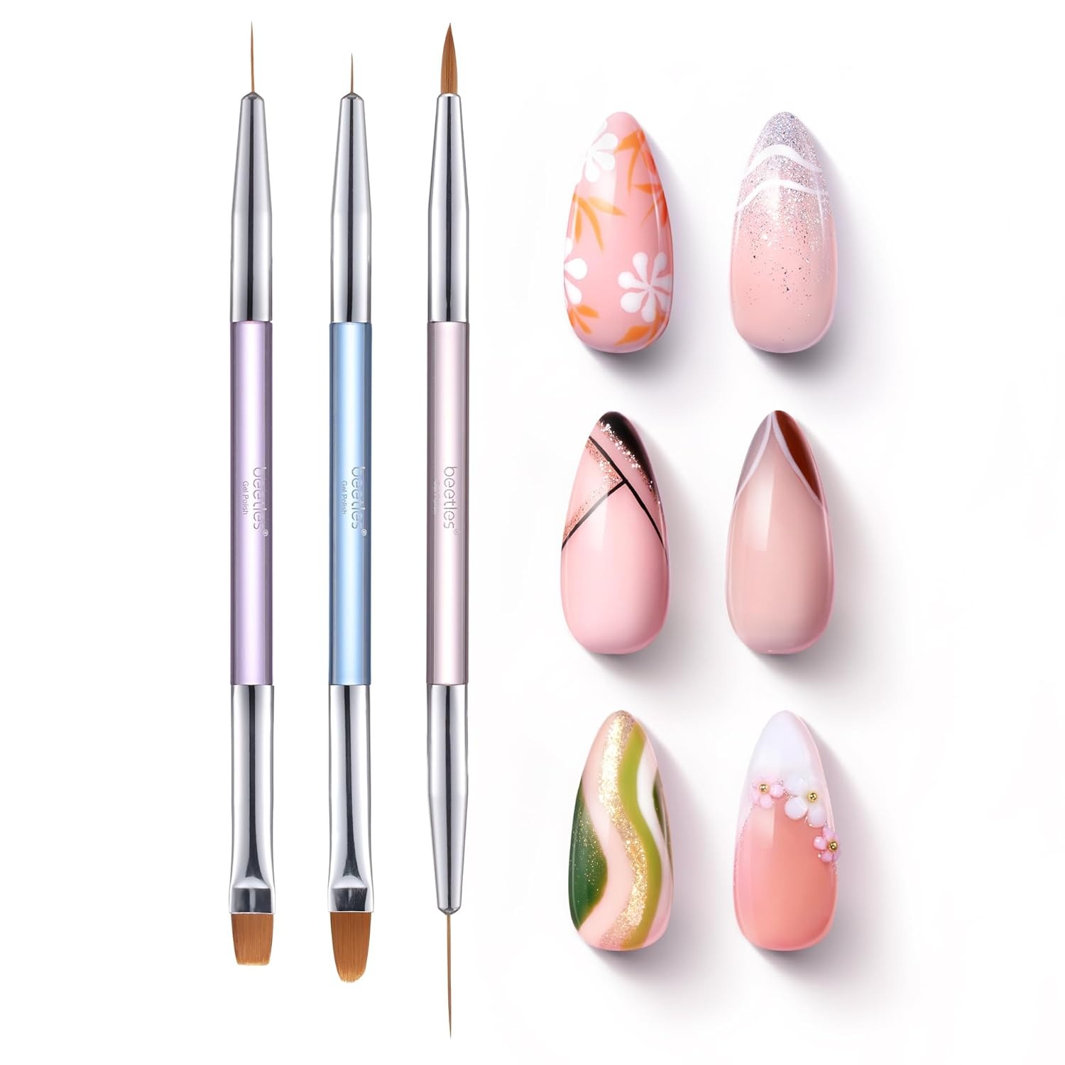 beetles Gel Polish, Beetles 3 Pcs Gel Nail Art Brushes Set Gel Polish Design Pen Painting Tools With Liner Brushes Petal Painting Brush and Oval Brush Diy at Home Manicure for Girls
