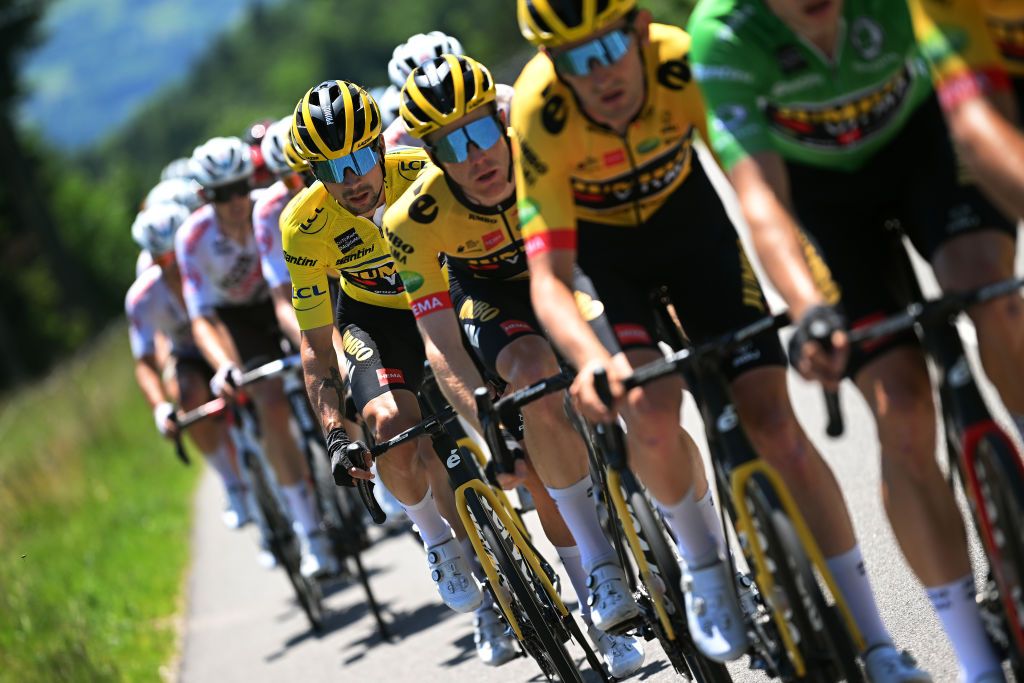 PLATEAU DE SALAISON FRANCE JUNE 12 Primoz Roglic of Slovenia and Team Jumbo Visma Yellow Leader Jersey competes during the 74th Criterium du Dauphine 2022 Stage 8 a 1388km stage from SaintAlbanLeysse to Plateau de Salaison 1495m WorldTour Dauphin on June 12 2022 in Plateau de Salaison France Photo by Dario BelingheriGetty Images