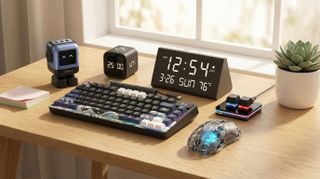 A selection of home office gadgets in a bright room on a desk