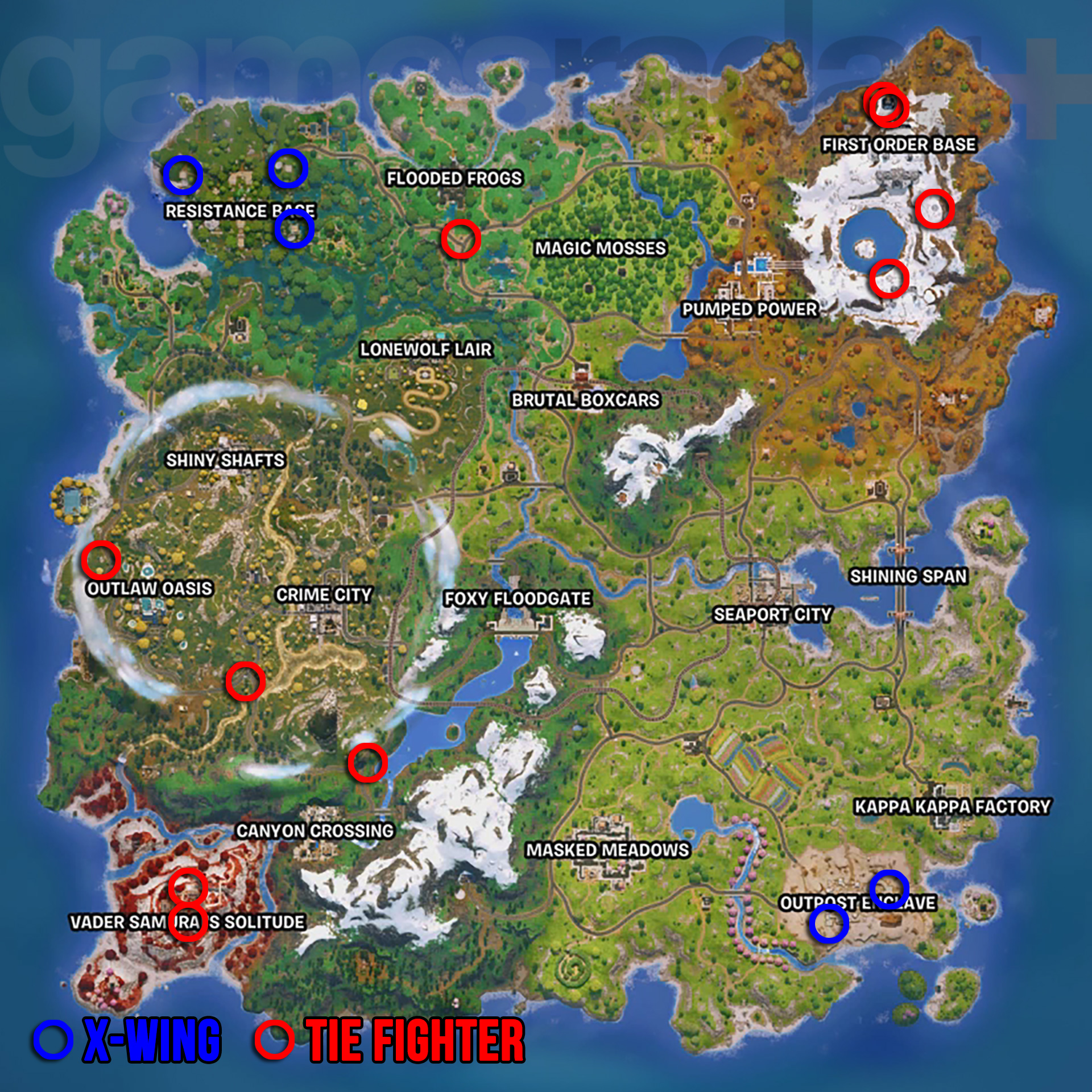 Fortnite X-Wings and TIE Fighters locations map