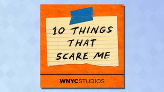 The logo of the 10 Things That Scare Me podcast on a blue background