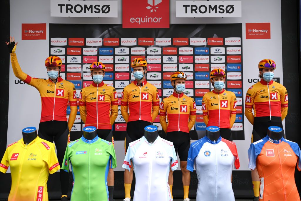 TROMSO NORWAY AUGUST 05 Markus Hoelgaard of Norway Erik Nordsaeter Resell of Norway Torjus Sleen of Norway Torstein Traeen of Norway Sren Waerenskjold of Norway Westgaard Wrsted Syver of Norway and UNO X Pro Cycling Team prior to the 8th Arctic Race Of Norway 2021 Stage 1 a 1425km stage from Troms to Troms ArcticRace on August 05 2021 in Tromso Norway Photo by Stuart FranklinGetty Images