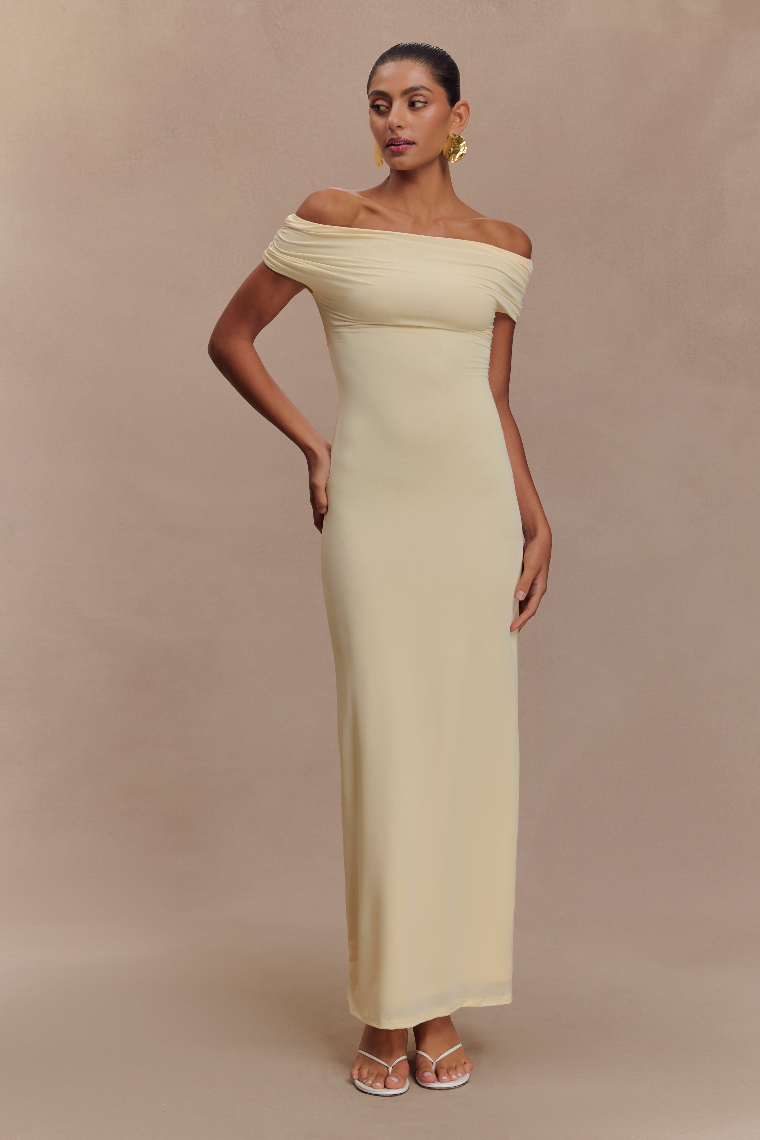Imogen Off Shoulder Slinky Maxi Dress - Lemon Xxs