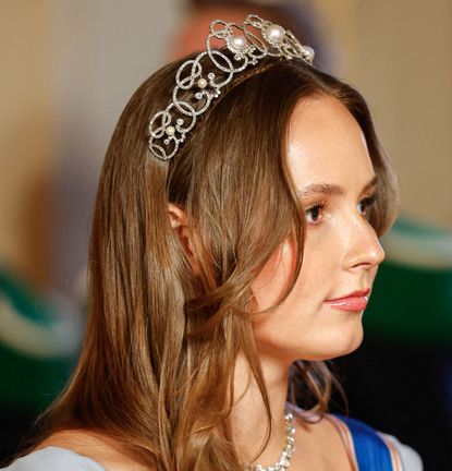 Princess Ingrid Alexandra wearing a tiara at a state banquet in April 2025