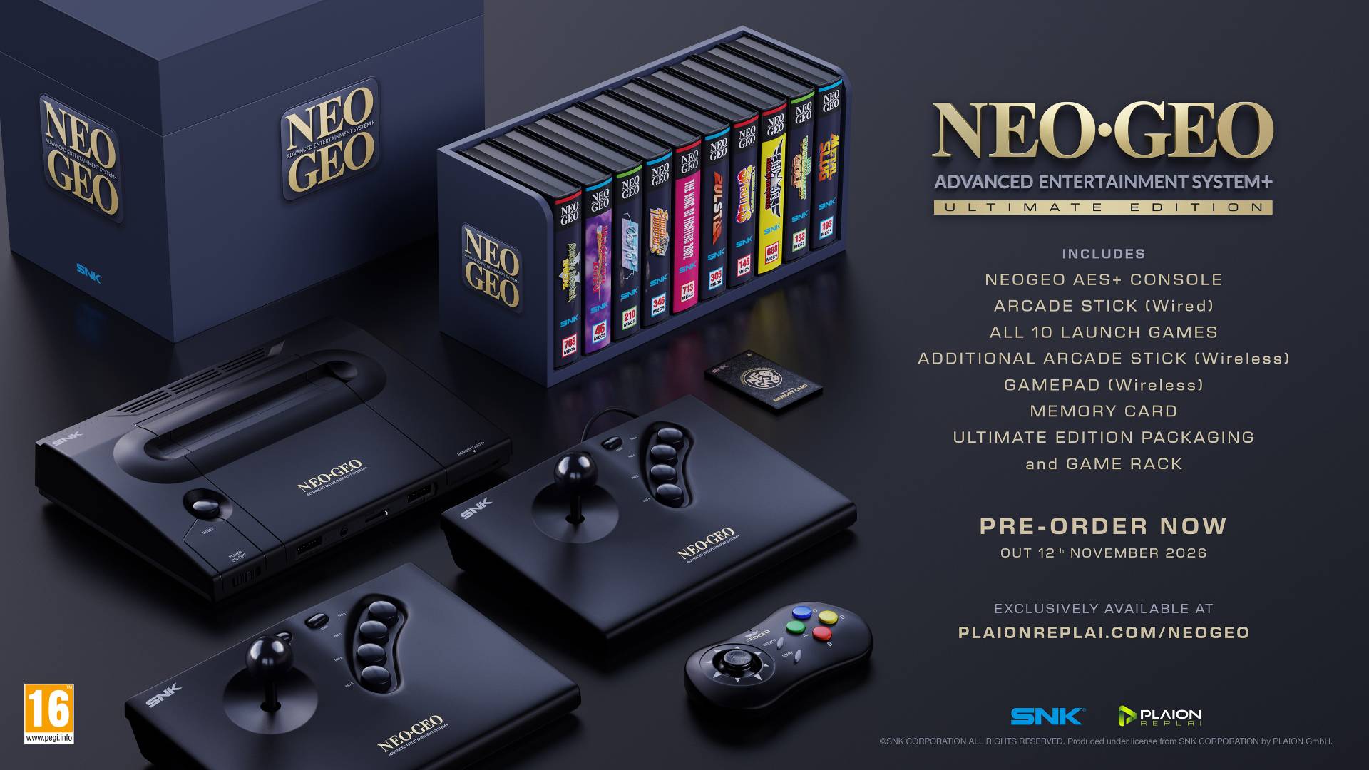 Neo Geo AES+ Ultimate Edition next to included two arcade sticks, gamepad, 10 launch games in rack, and text outlining what's included on right.