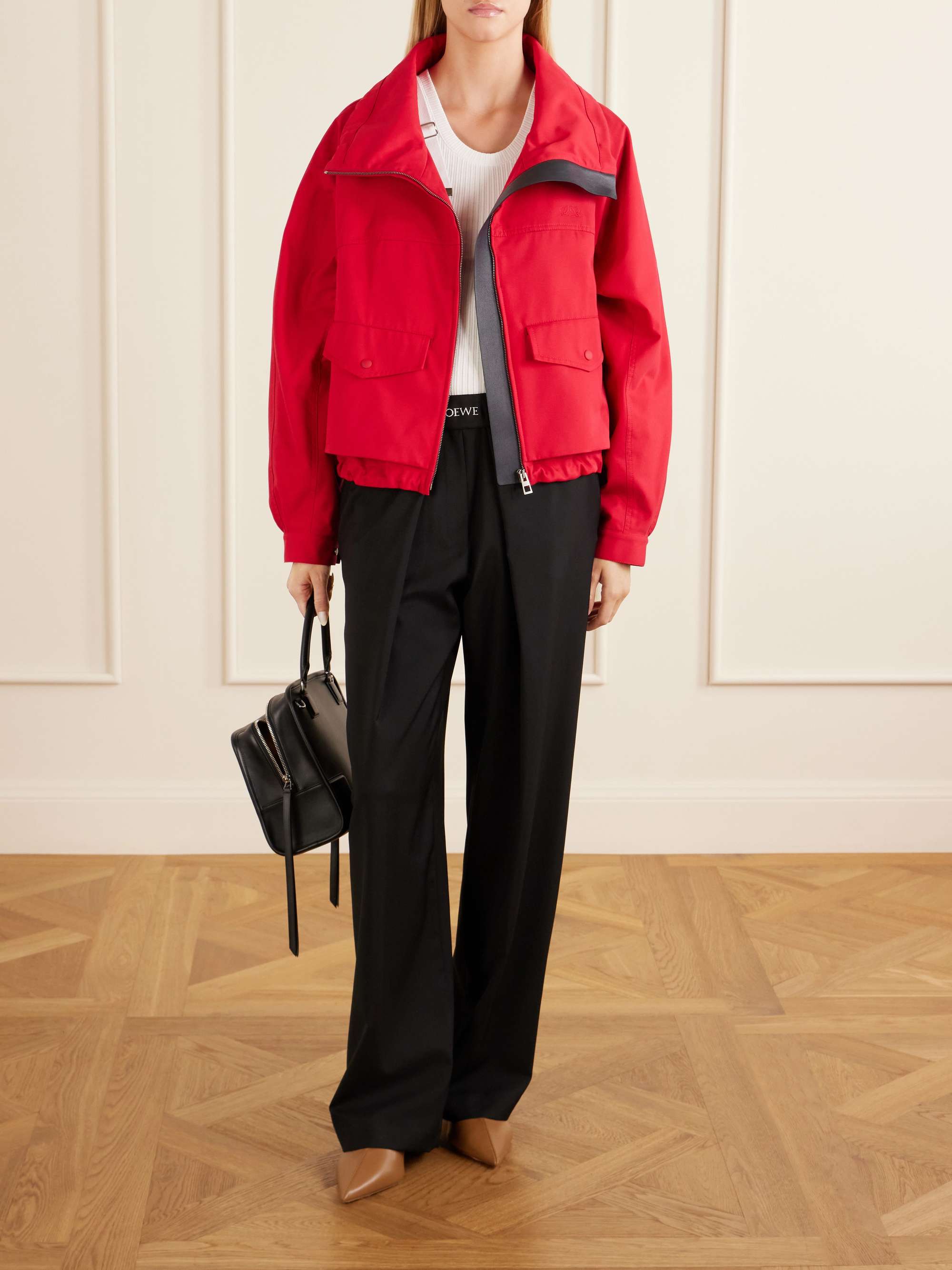 Leather-Trimmed Anagram-Embroidered Cropped Cotton and Silk-Blend Gabardine Jacket