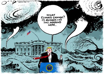 Political cartoon U.S. Trump White House chaos climate change denial
