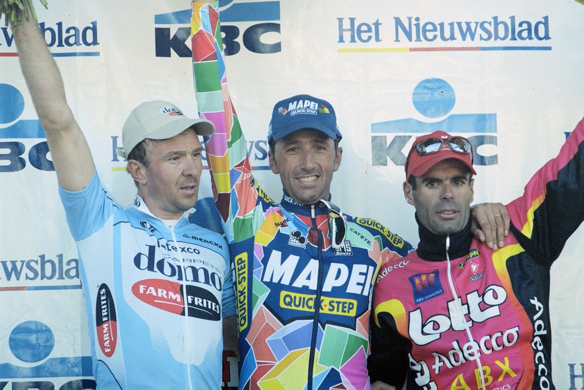 Johan Museeuw, Andrea Tafi and Peter Van Petegem made up the 2002 Tour of Flanders podium