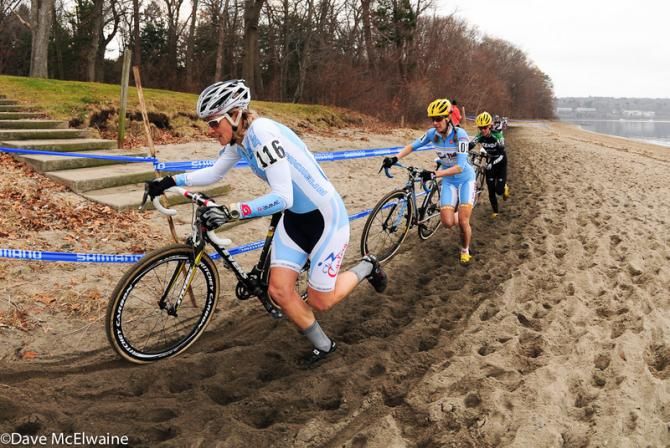 Natasha Elliott (Stevens Racing P/B The Cyclery) leading Bruno-Roy and McConneloug through the sand