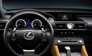 View of the Lexus RC 300h Premier wheel, dashboard and in-car system